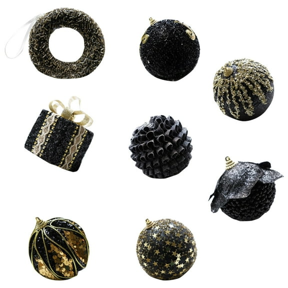 Btomtd 8pcs Black and Gold Christmas Ball Ornaments Set, Foam Ball Tree Pendant Collection, Elegant Hanging Decoration Combination, Colorful Christmas Decor, Black&Gold