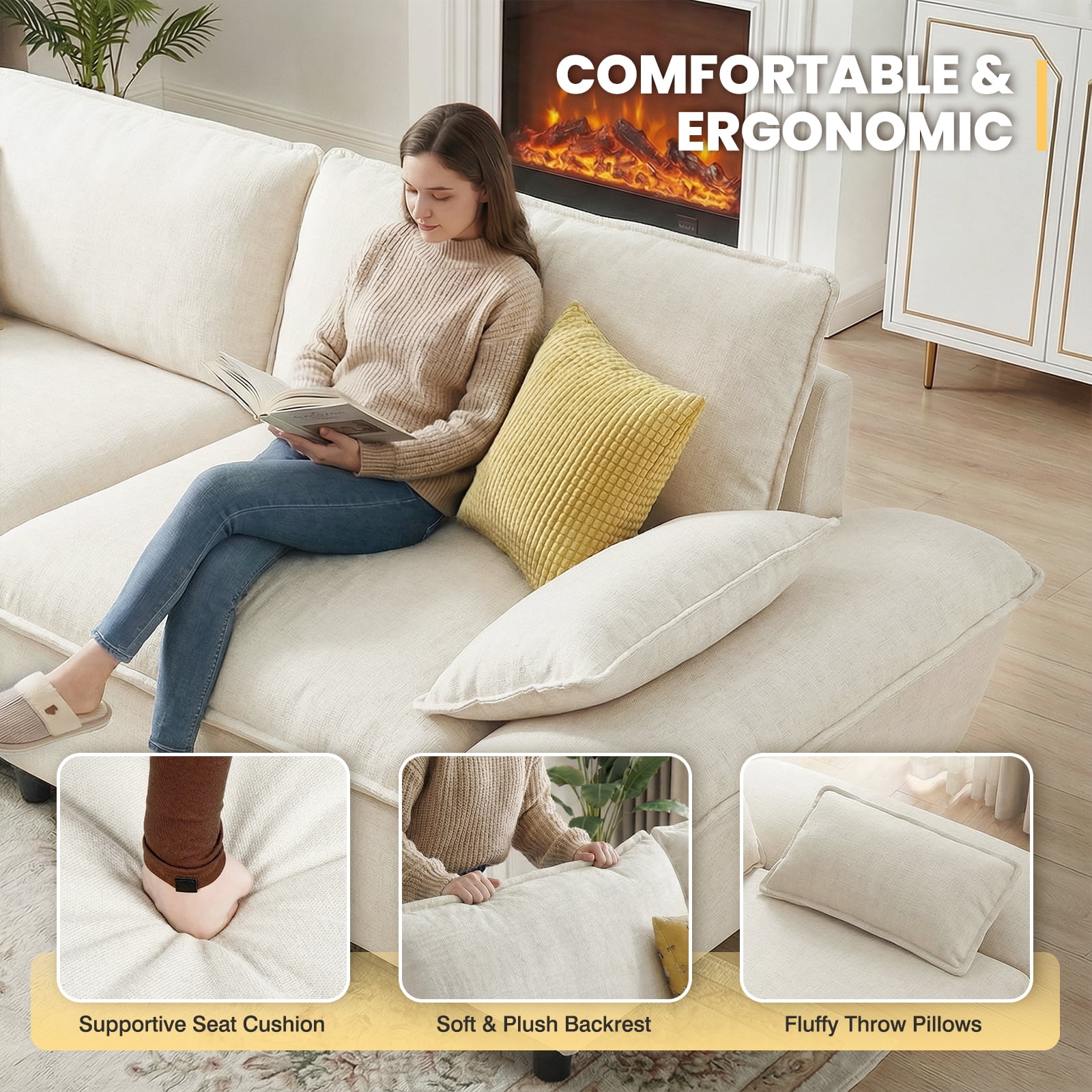 Advwin 114" Oversized Sectional Sofa, Luxury Sailboat Cloud Couch with Adjustable Backrest, Extra Deep Lounge Seating & Wide Arms for Modern Living Room, Beige