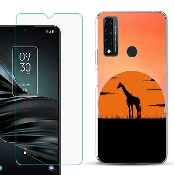 Slim-Fit Fashion Phone Case for TCL 20 XE, with Tempered Glass Screen Protector, by OneToughShield ® - Sunset Giraffe
