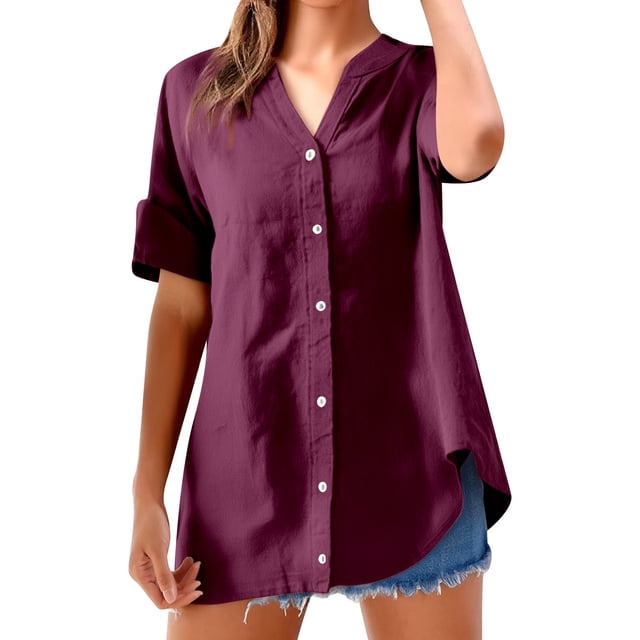 Women's Solid Color Linen Short Sleeve V-Neck Shirt - Comfortable and Stylish