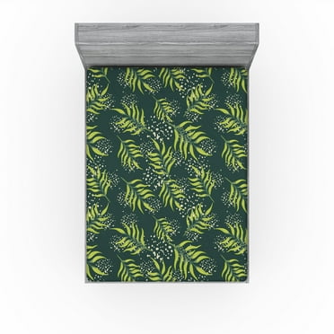 Ambesonne Fern Leaves Fitted Sheet, Leafy Jungle Pattern, Full Size, Lime Green Forest Green