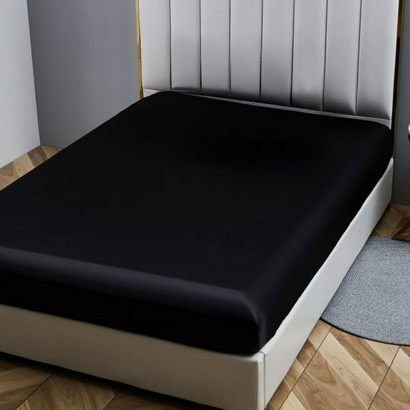 ANMINY Satin Fitted Sheet Twin Size 14 Inch Deep Pocket Bed Sheet Silk Sheet Ultra Soft Machine Washable, Black
