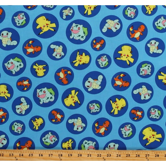 Cotton Pokemon Pikachu Charmander Squirtle Bulbasaur Blue Cotton Fabric Print by the Yard (AOP-17721-4 Blue)