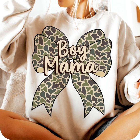 Boy Mama Camo Sweatshirt, Coquette Bow Pullover for Moms of Boys, Preppy Camo Mama Crewneck Gift