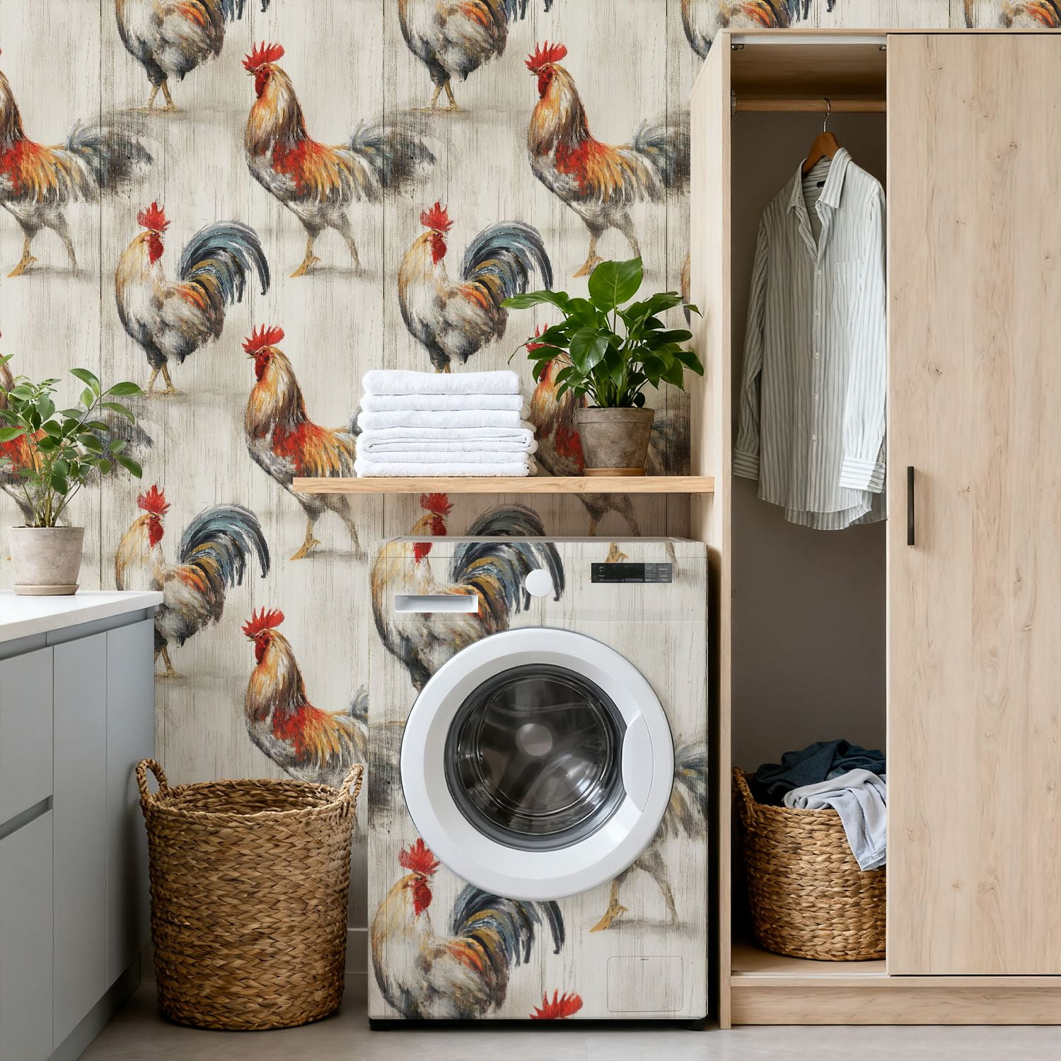 Farmhouse Peel and Stick Wallpaper 17.7in x 9.8ft Colorful Roosters Artistic Brushstroke Style Rustic Wood Contact Paper Vinyl Waterproof Self Adhesive Wall Paper for Bedroom Cabinet Renter Friendly