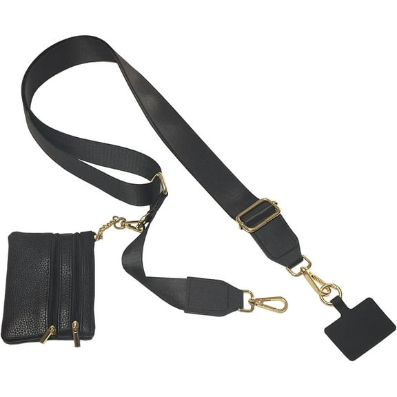 Clip and Go Strap for Phone with Wallet Crossbody Phone Strap with Zippered Pouch for Women Black