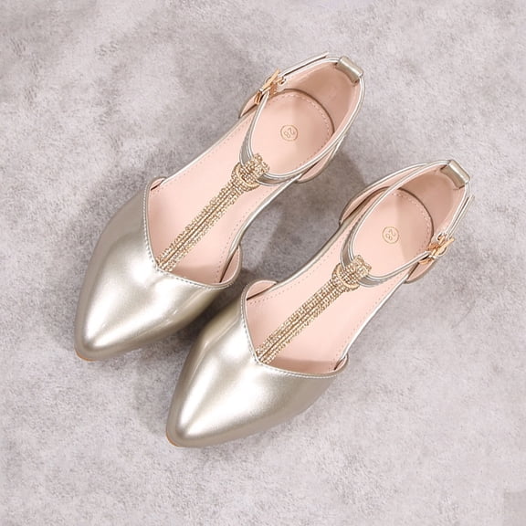 Girls Rhinestone T-Strap Pointed Toe Flats Formal Dress Shoes Gold 3