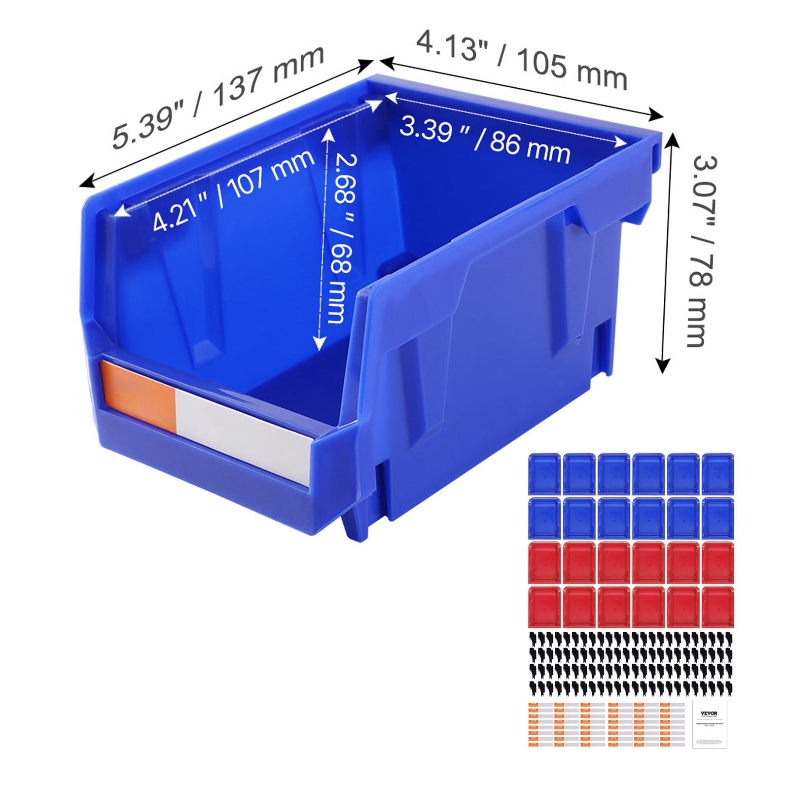 VEVOR Plastic Storage Bin, (5-Inch x 4-Inch x 3-Inch), Hanging Stackable Storage Organizer Bin, Blue/Red, 24-Pack, Heavy Duty Stacking Containers for Closet, Kitchen, Office, or Pantry Organization