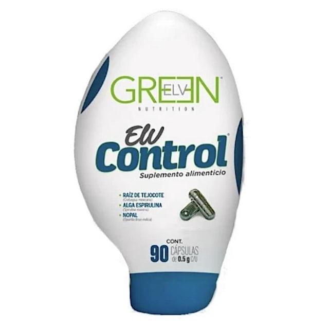suplemento alimenticio control g control green nopal 90 días frasco plástico blanco con tapa azul, vista frontal con logo 'Green' y texto 'EW Control', dos cápsulas ilustradas y lista de ingredientes: raíz de tejocote, alga espirulina y nopal; contenido 90 cápsulas (0.5 g).