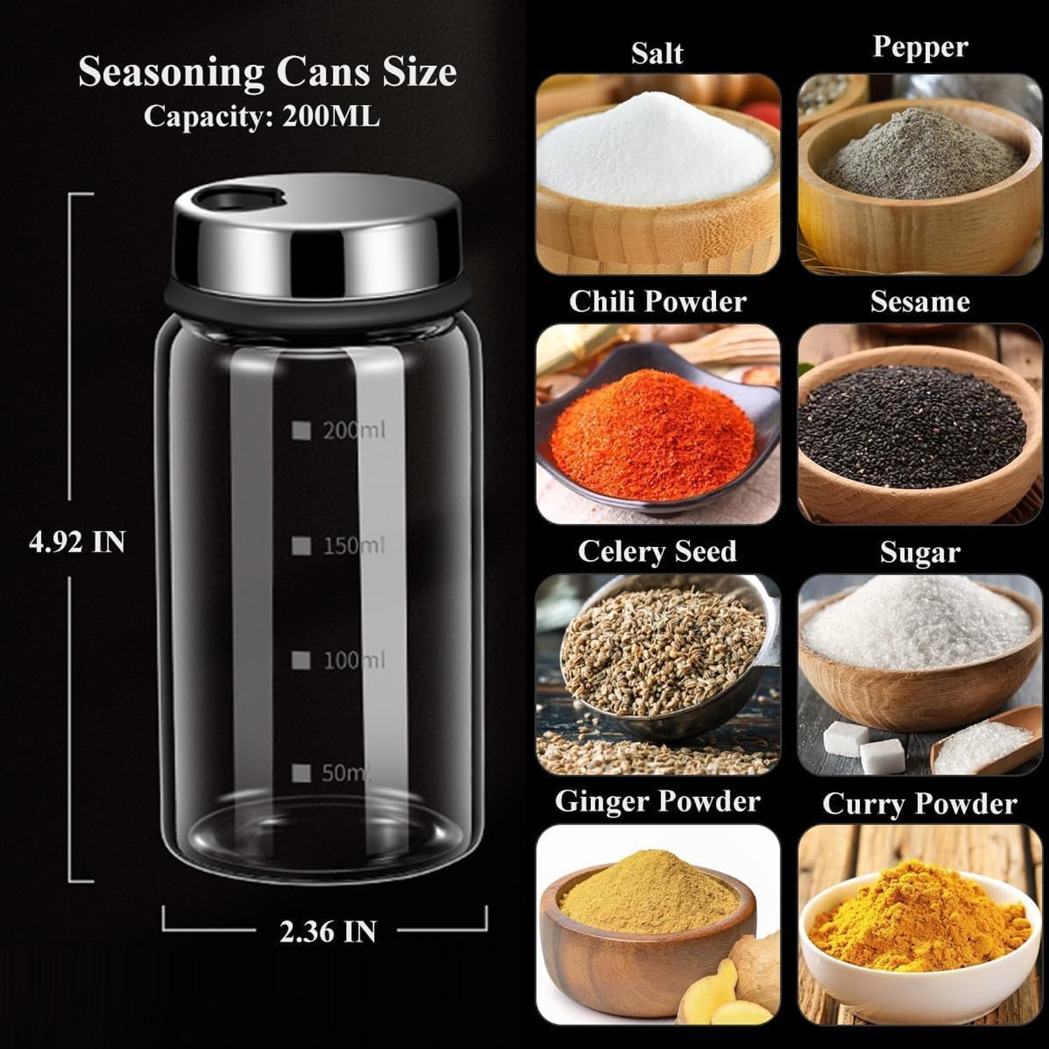 Verdental 7 oz Clear Glass Salt Shaker, Pepper, Sugar and Spice Dispenser, with Spices Labels