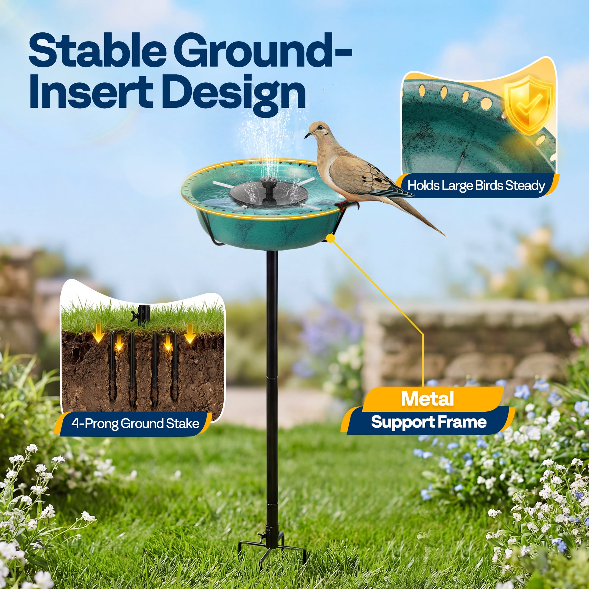 SPECSTAR Bird Bath with Solar Fountain for Outside, Weather-Resistant ABS Birdbath Bowl with Solar Powered Pump, Metal Ground Stake for Outdoor, Garden, 1.45 Gallons, Green