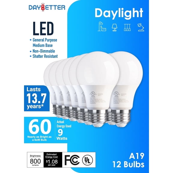 DAYBETTER A19 LED Light Bulbs, 60W Equivalent,5000K Daylight, 9W 800 Lumens,E26 Standard Base,UL Listed,Lighting for Bedroom Living Room Home Office,12 Pack