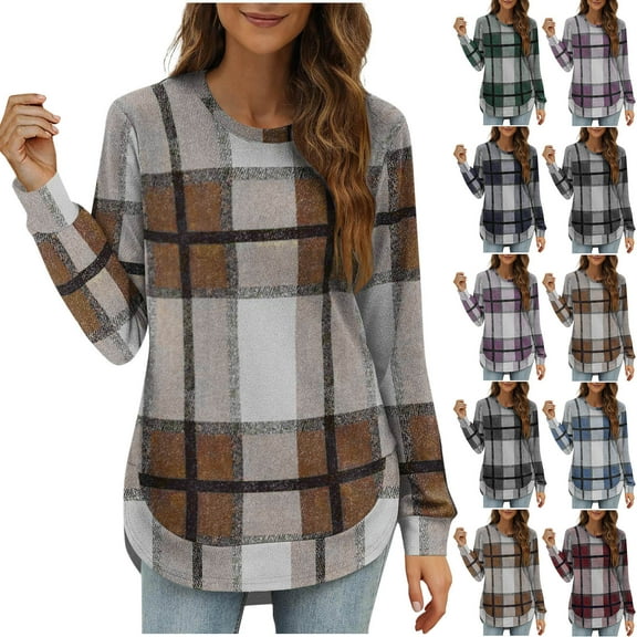 Womens Long Sleeve Plaid Shirts Fall Fashion Tunic Tops Outfits Dressy Casual Loose Blouses