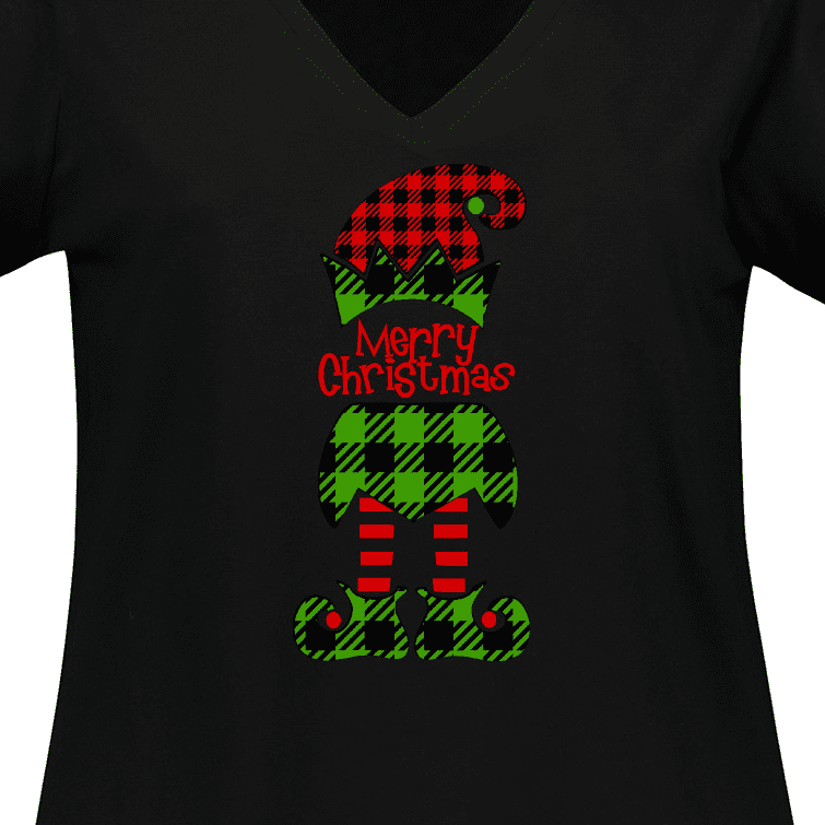 Inktastic Merry Christmas Elf in Red and Green Plaid Women's Plus Size V-Neck T-Shirt
