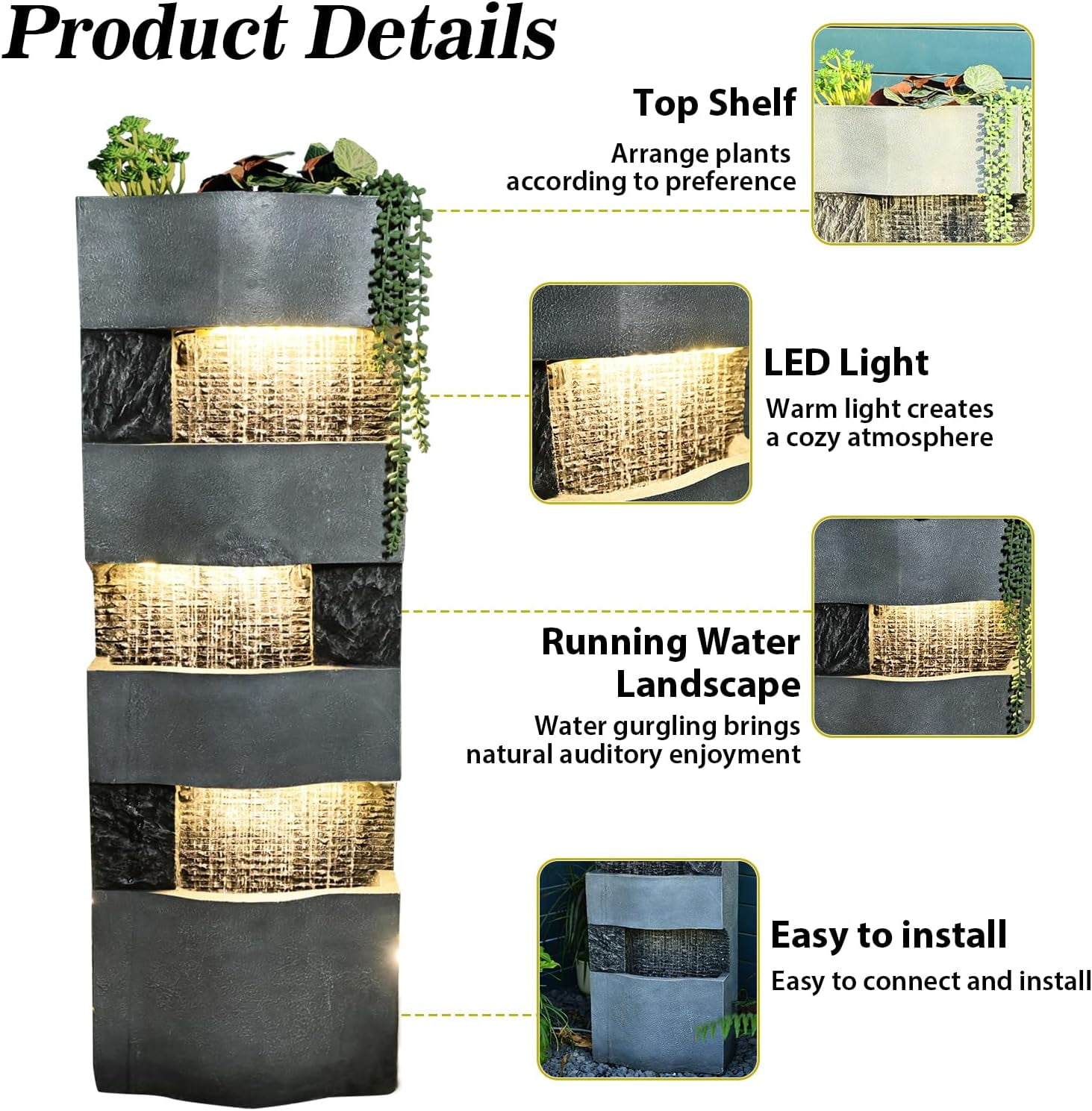 40.5''H 4-Tier Outdoor Water Fountain with LED Lights, Floor Standing Waterfall for Garden Patio & Home Art Decor
