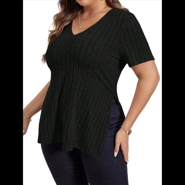 Blusas de Talla Grande para Mujer, Informales, con Cuello en V, Corta y Dobladillo Dividido, para Verano Negro 5XL