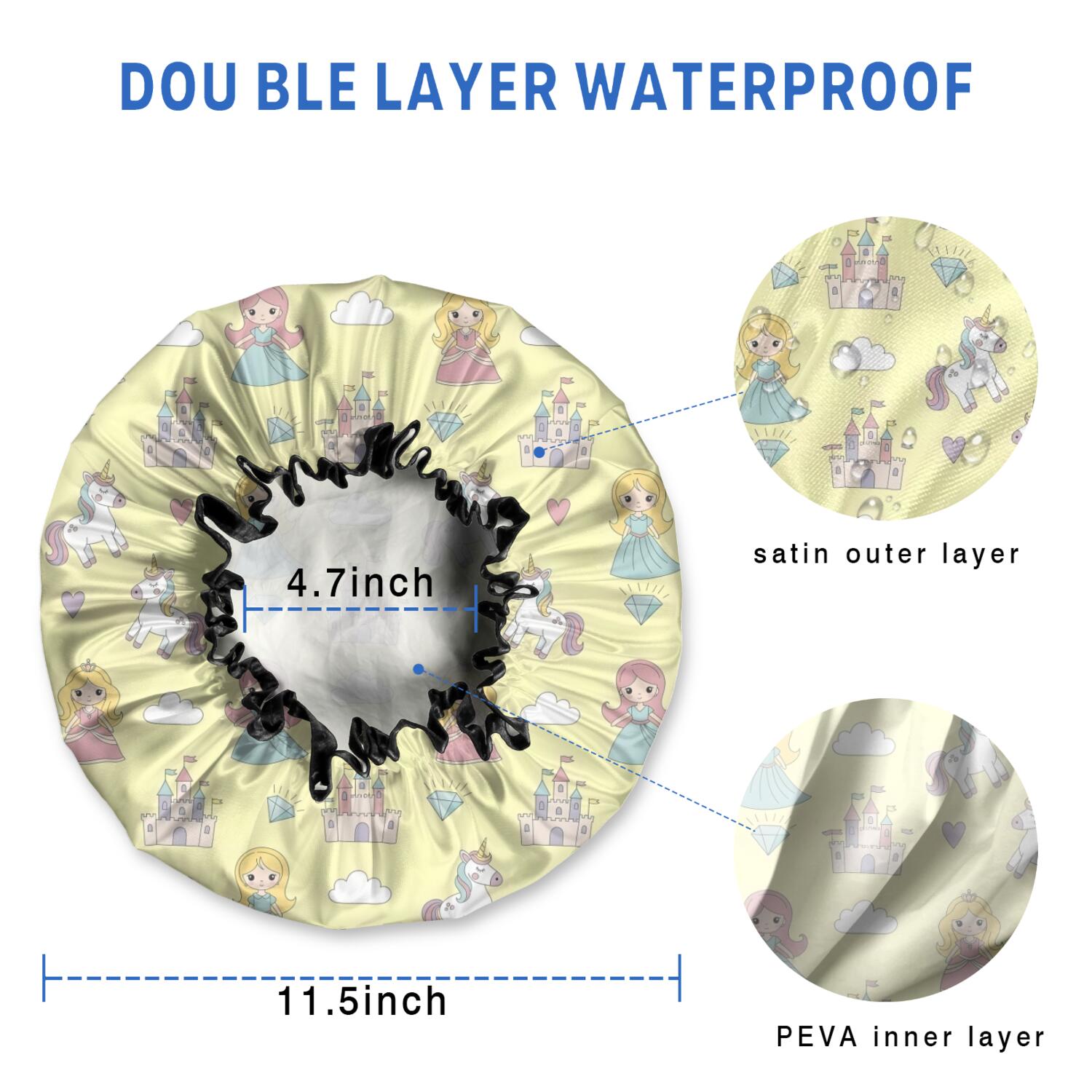 Shower Caps,Yellow Princess Unicorn Pattern Waterproof Shower Cap for Women 4 Pieces,Double Reusable Hair Cover for Shower PEVA Elastic Stretch Hem