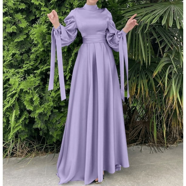 Muslim Fashion Women Islamic Satin Dress Hijab Arabic Pleated Abaya Dubai Balloon Sleeve with Ribbon Eid Evening Turkish Dresses purple dress L Walmart