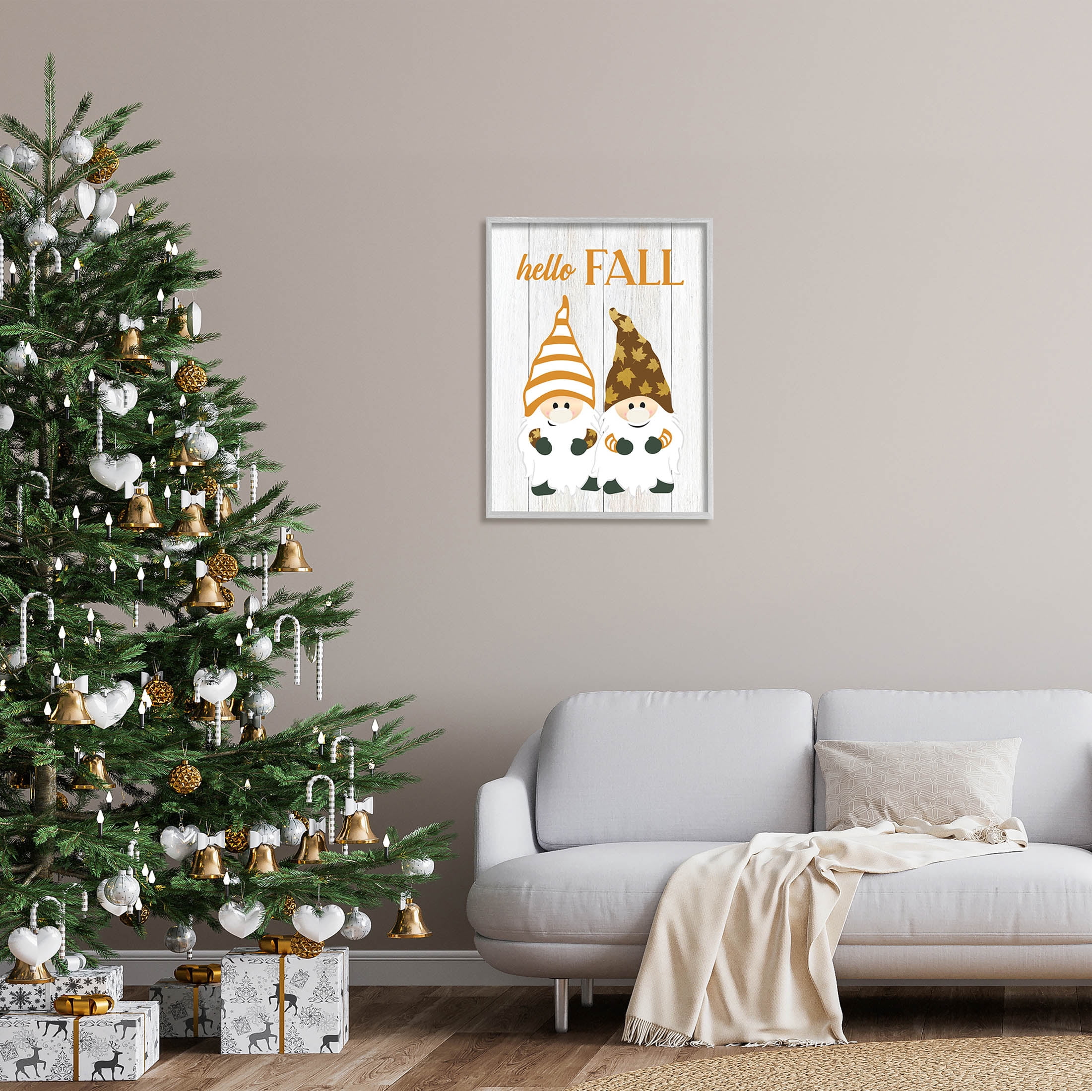 Stupell Industries Hello Fall Whimsical Gnomes Graphic Art Gray Framed Art Print Wall Art, Design by CAD Designs
