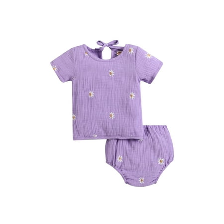 

Suanret Newborn Baby Girls Summer Outfits Daisy Embroidery Short Sleeve T-Shirt Tops + Elastic Waist Shorts Set Purple 18-24 Months