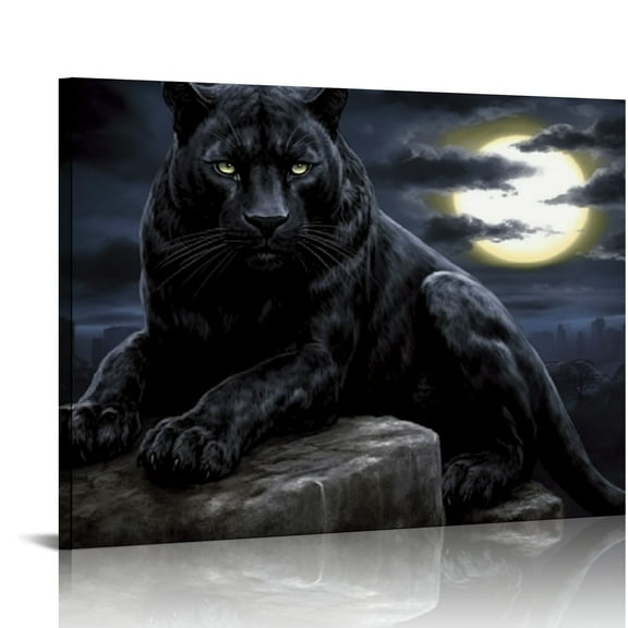 EastSmooth  Panther Canvas Wall Art Black and White Animal and Full Moon Painting Picture Print Modern Wildlife Leopard Artwork for Living Room Bedroom Office Decor Ready to Hang (Black)