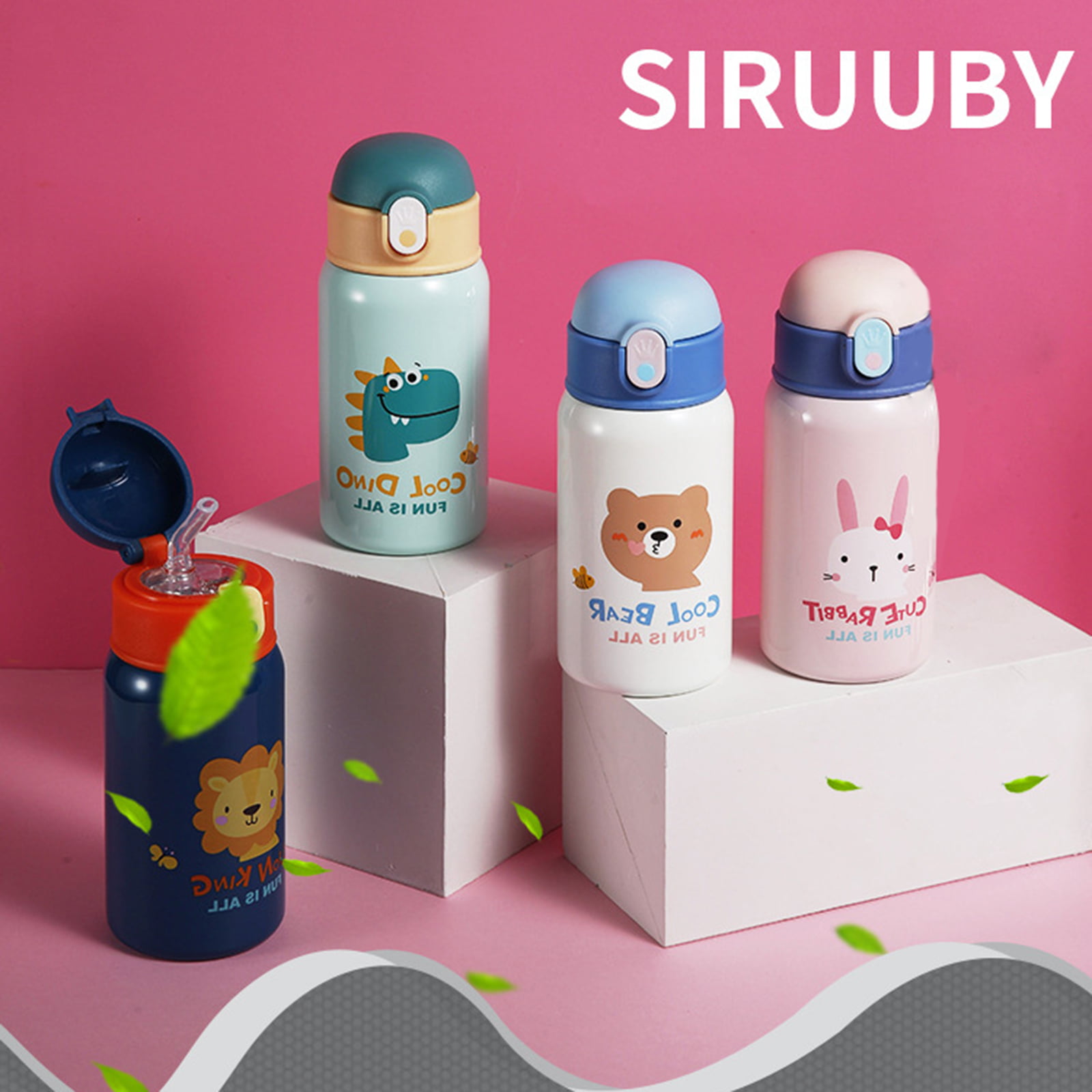 Baby Vacuum Flask with Cup Holder Silicone Straw Water Bottle Bounce Lid  304 Stainless Steel Cartoon Pattern 