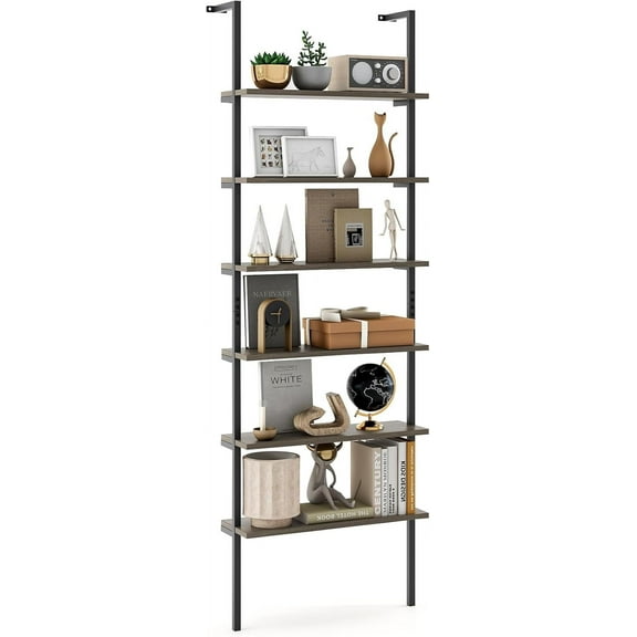 Hyxoo Industrial 6-Tier Bookshelf, 72" Tall Wall Mounted Ladder Shelf with Heavy-Duty Metal Frame, Vintage Vertical Open Display Shelf Bookcase for Living Room, Office, Balcony (1, Oak Grey)