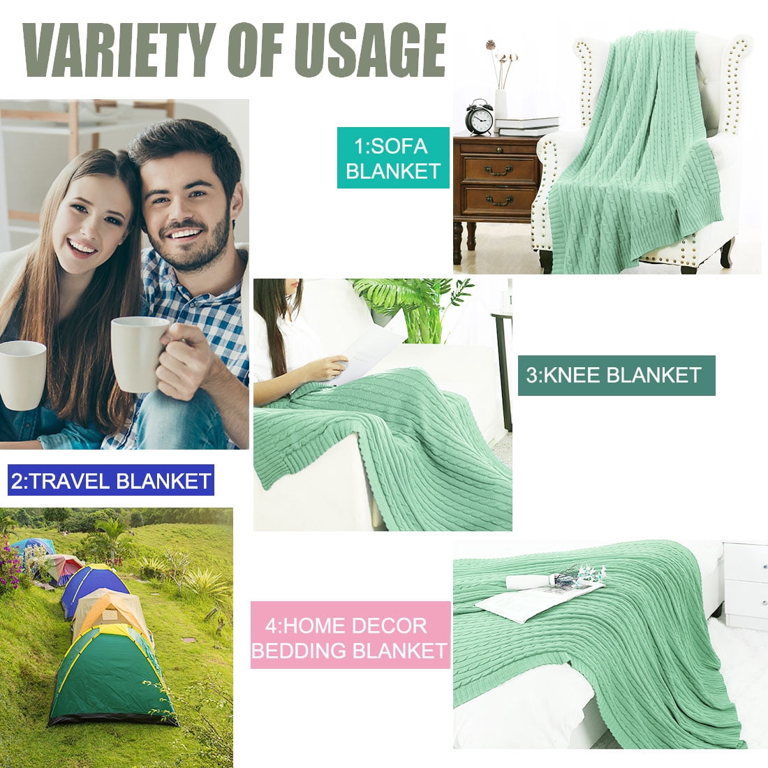 Unique Bargains 100% Cotton Soft Cable Knit Blanket Light Green Full(70" x 78")