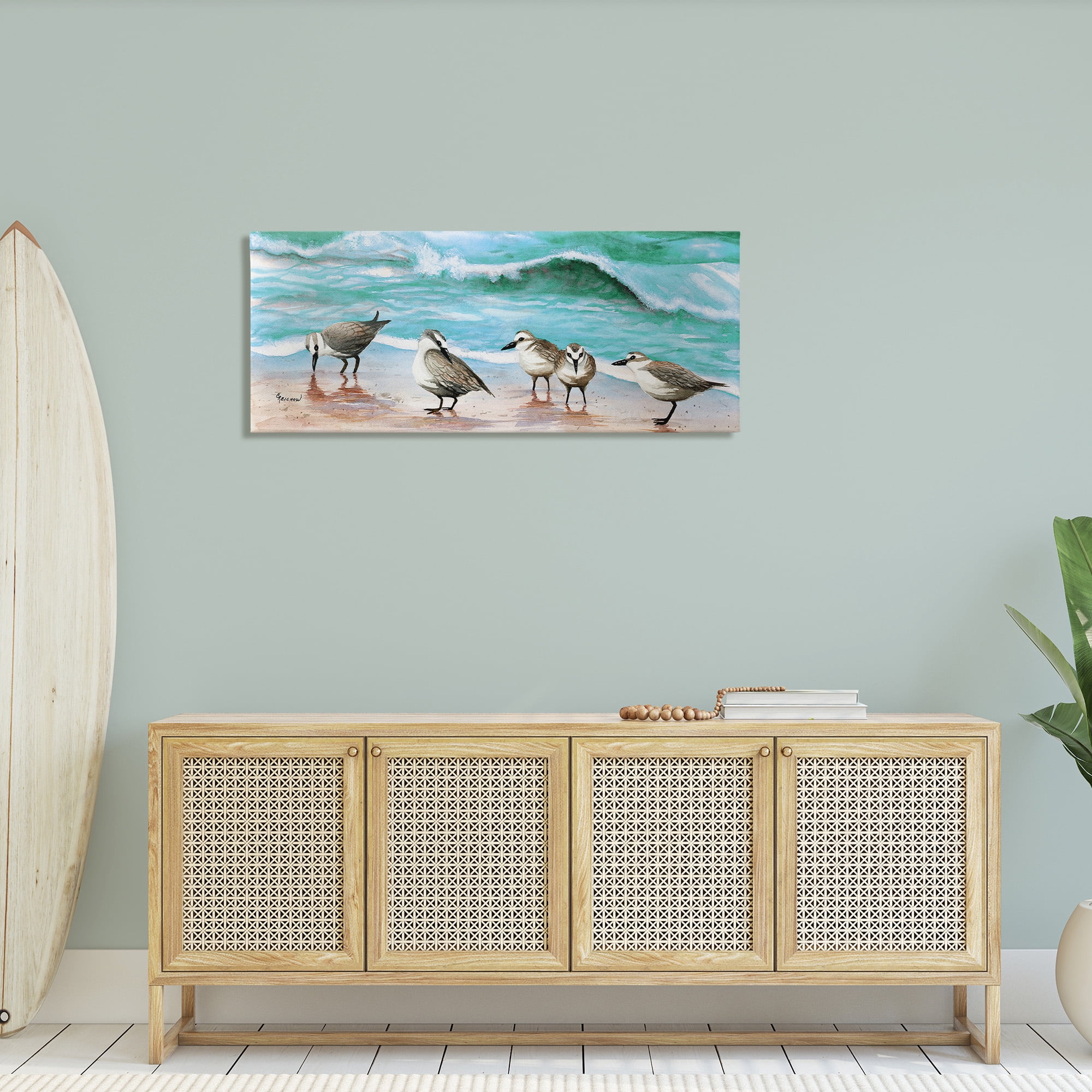 Stupell Industries Sandpipers Along Beach Shore Animals & Insects Painting Gallery Wrapped Canvas Art Print Wall Art, 48 x 20