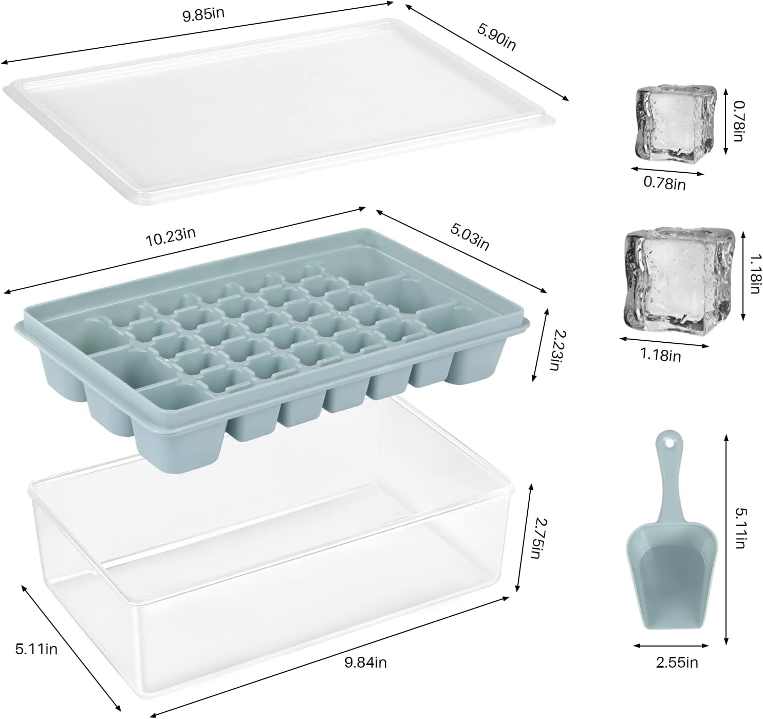 Ice Cube Tray with Lid and Freezer Storage Bin - Molds BPA Free Container | Scoop Easy Removable Bucket Large Mold Maker, Light Blue