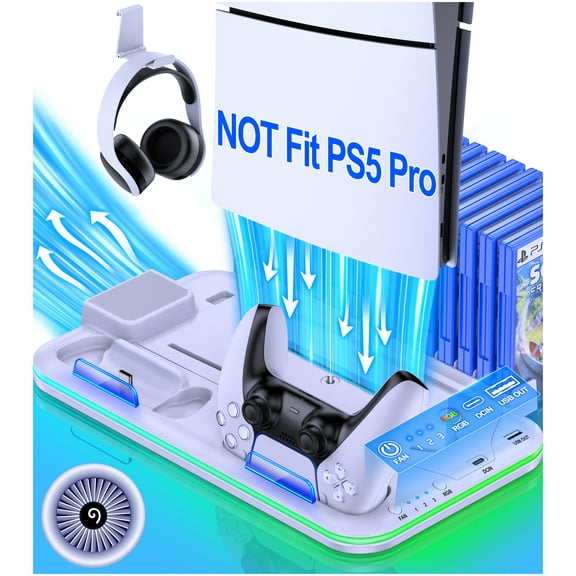 PS5 Stand Cooling Fan for PS5 Slim, Dual Controller Charger for PS5 Digital & Disc Version, PS5 Accessories with Headset Holder