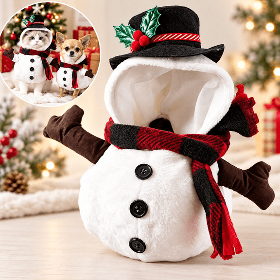 Christmas Snowman Pet Costume White Furry Stretch Fabric Holiday Outfit With Adjustable Hook & Loop Straps For Cats & Small Dogs Winter Party L