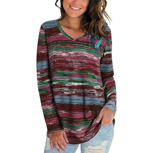 Qarigey Camiseta de mujer Otoño Impreso Cuello en V Top Top Blusa informal de manga larga Prendas para la parte del cuerpo Vino rojo S