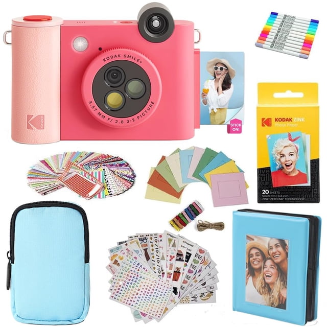 KODAK Smile+ 2-in-1 Digital Instant Print Camera & Printer Gift Bundle + Case + Zink 2x3 Sticky Back Photo Paper 20pk + Album + Sticker Frames + Hanging Frames + Sticker Sets + Markers - Fuchsia