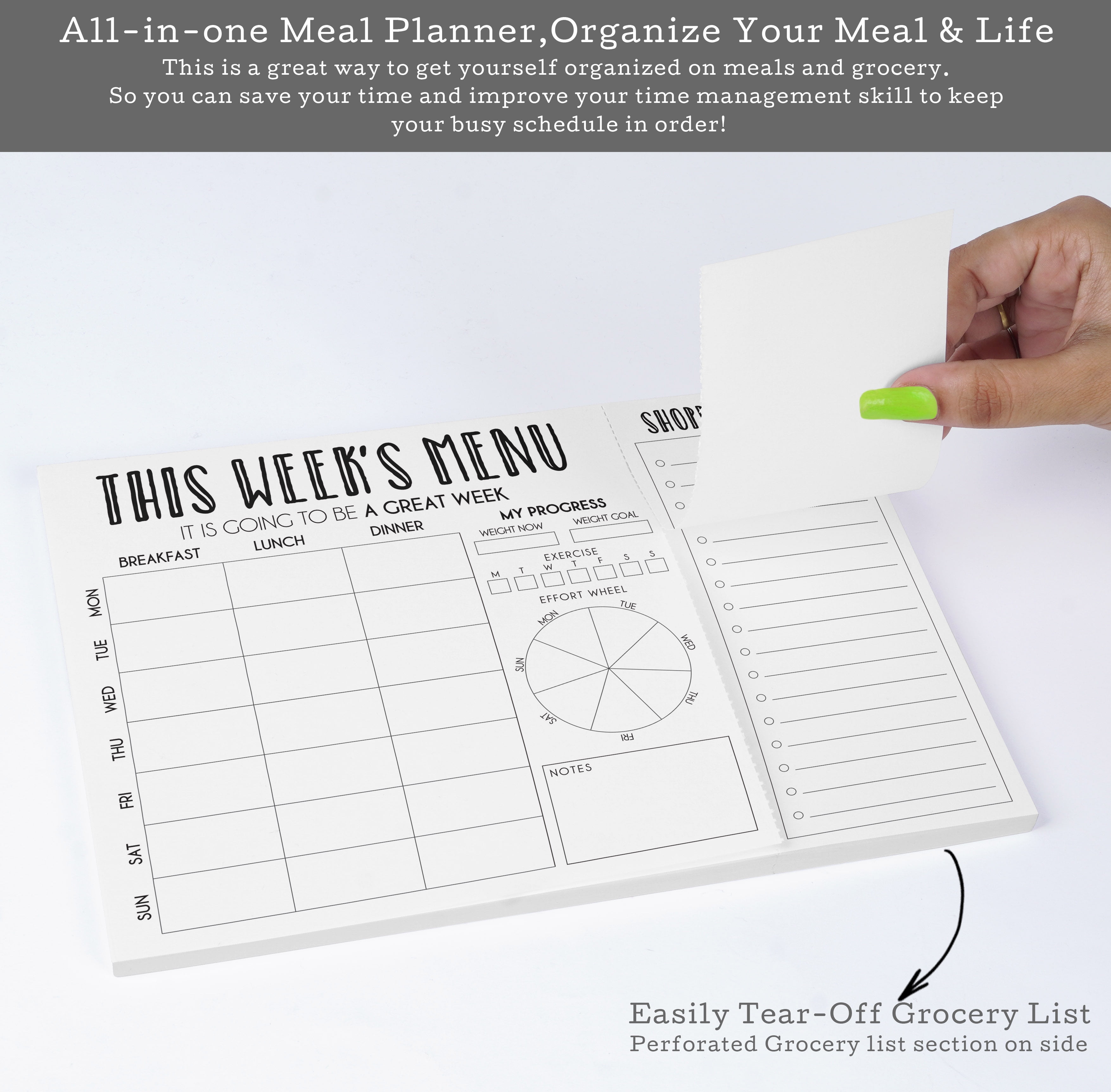 Inkdotpot Weekly Meal Planner Notepad 7"x10 , "This Week's Menu" Magnetic Meal Planning Pad with Tear Off Grocery Shopping List for Fridge- Kitchen & Home - 54 Sheets -PJ
