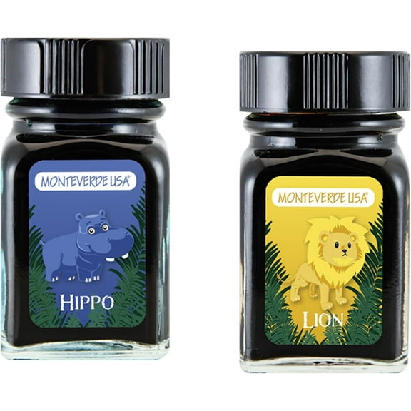 Monteverde 60ml Ink, Hippo (Dark Blue), Lion (Yellow) Jungle Ink (G309HI, G309LI) Fountain Pen Ink (30ml Each Ink Bottle, 2 Pack)