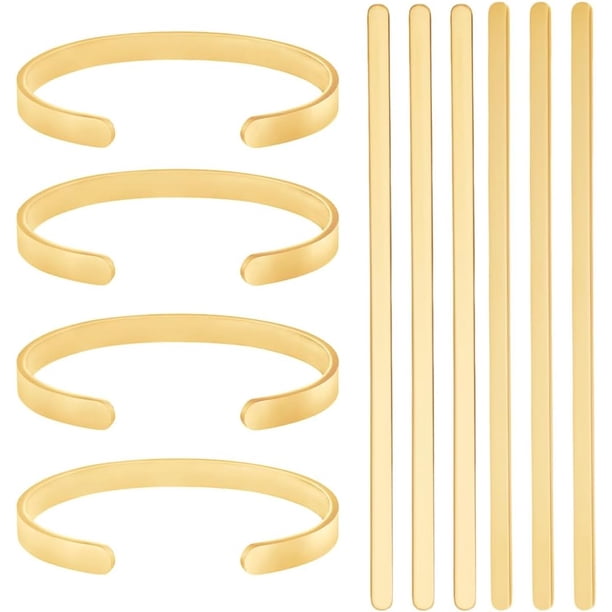 6 piezas de pulseras de acero inoxidable 304 en blanco, de metal dorado, ajustables, con base simple, con estampado y grabado, finas tiras para brazaletes en blanco.