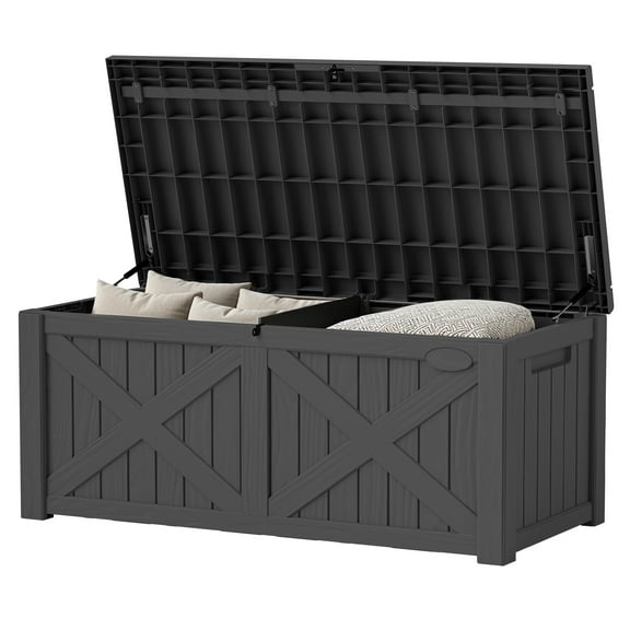 Uforic 120 Gallon Large Outdoor Deck Box, Outdoor Resin Storage Boxes with X-Shaped Front ,Waterproof & Lockable,Dark Gray
