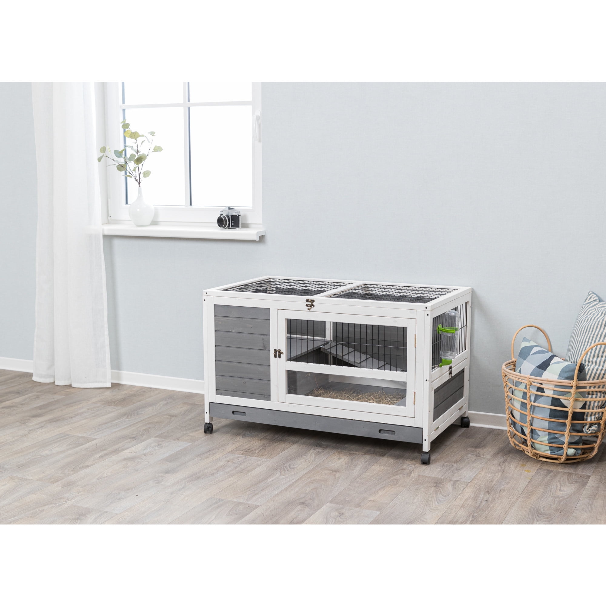 TRIXIE Mobile Indoor 1-Story Wooden Small Animal Cage with Wheels & Pull-Out Tray, Gray