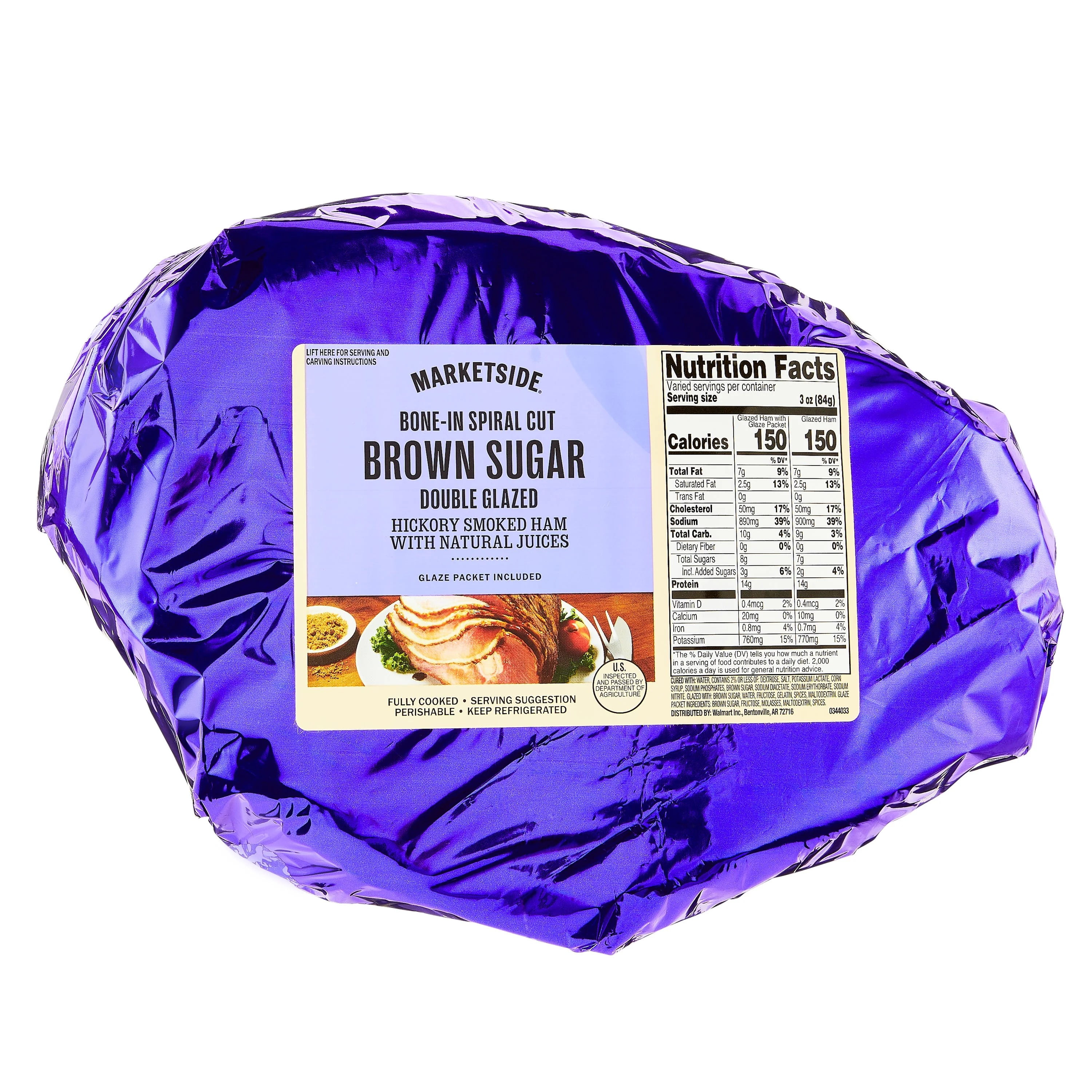 Marketside Natural Juice Bone-in Spiral Cut Brown Sugar Double Glazed Ham, Pork, 8 - 12 lb, 14g of protein per serving