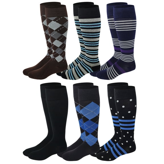 Graduated Colorful Travel Athletic Cotton Compression Mild (8-15 mm Hg) Knee High Socks 6 Pairs For Men