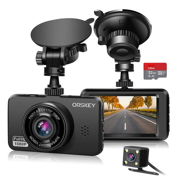 ORSKEY Dash Cam for Cars Front and Rear and SD Card Included 1080P Full HD in Car Camera Dual Lens Dashcam for Cars 170 Wide Angle with Loop Recording
