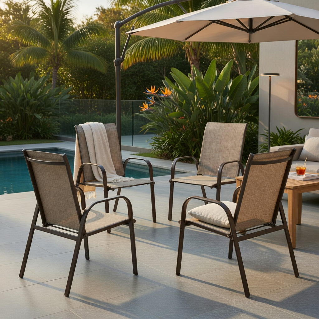 Hommoo 2-Pack Outdoor Patio Dining Chairs with Armrests, Heavy-Duty Steel Frame, Breathable Fabric, for Garden, Poolside & Balcony Use, Gray