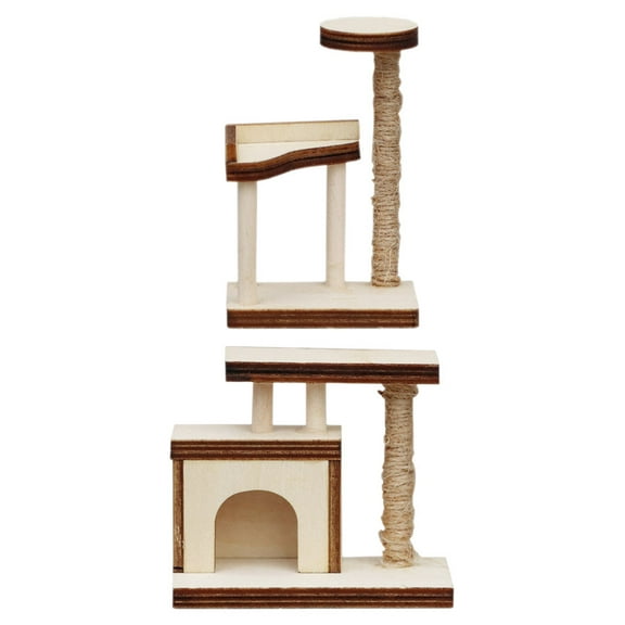 Pretyzoom 2pcs Mini House Wooden Cat Trees Khaki Model