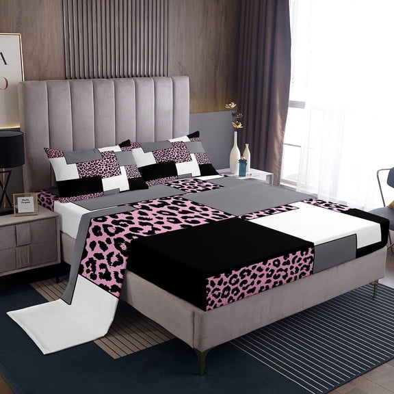 Erosebridal Pink Purple Leopard Sheet Set,Striped Print Bed Sheets Set King,Black Grey Sheets,Minimalist Lines Square Flat Fitted Sheet with 2 Pillowcases Bedroom Decor