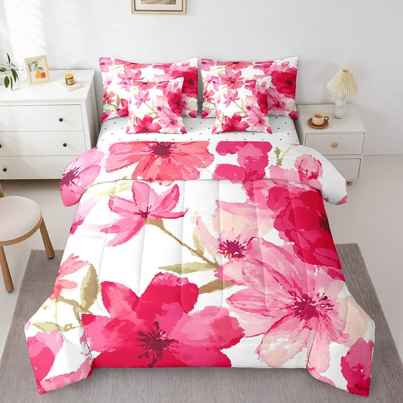 Erosebridal Watercolor Pink Flower Bedding Sets Twin Size, Chic Floral Comforter Sets with Sheets, Girly Blossoms Bedding Accessories, Super Cozy Room Decorative, Reversible 7pcs