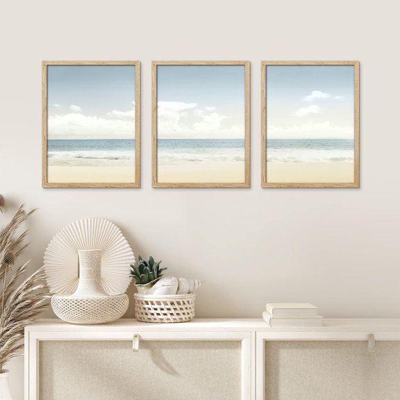 PixonSign Framed Canvas Print Wall Art Set - Cloudy Sky Over Tropical Island Beach Shore Horizon Art - Set of 3 Nature Seaside Landscape Photography Art Wall Décor - 12"x16"x3 Panels Natural