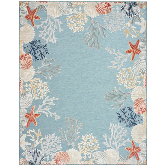 Nourison Suncoast 9' x 12' Teal Multicolor Coastal, Nautical & Beach Indoor/Outdoor Flatweave Rug