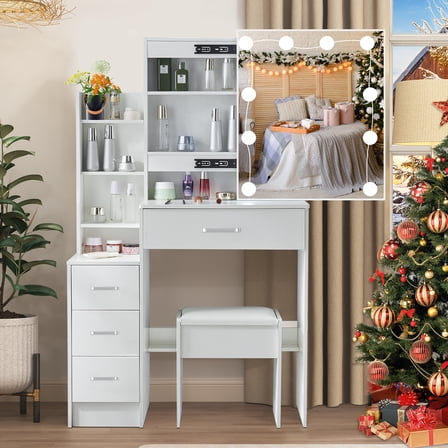Teousev Makeup Vanity Set w/ Lighted Mirror, Vanity Desk with Stool, Dressing Table for Girls, White