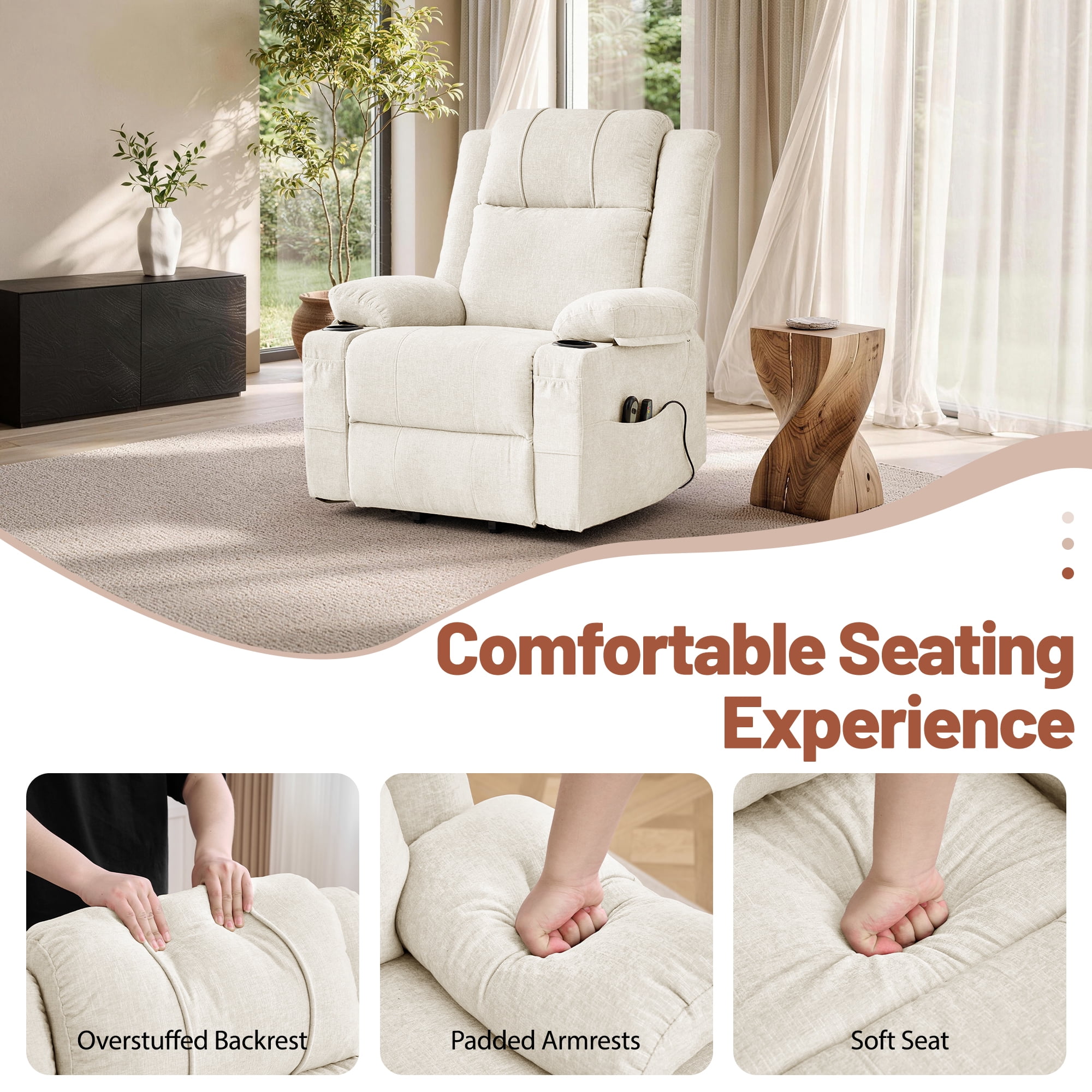 Korser Power Lift Recliner Chair for Elderly with Massage and Heat,Electric Lift Reclining Chair with Side Pockets and Cup Holders,Massage Recliner Chair for Living Room,Chenille,Beige